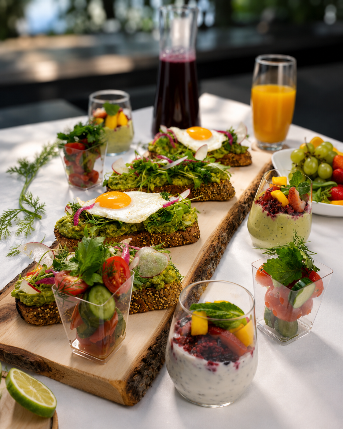 Ebbie catering table with avocado toast, parfaits, and fresh juices
