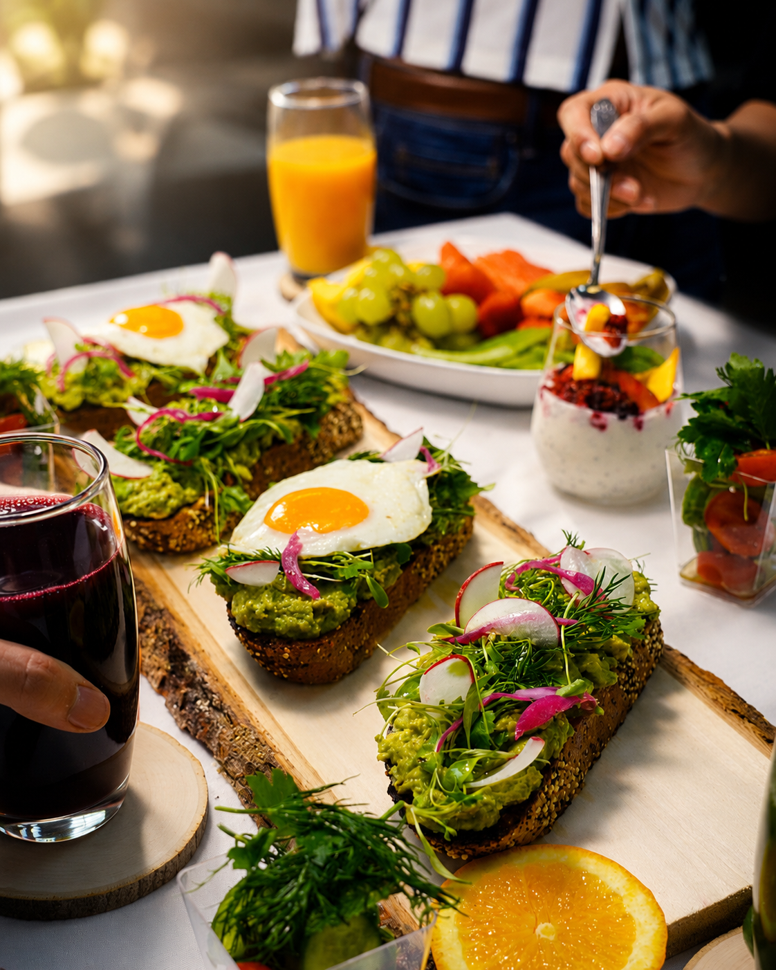 Ebbie event table with avocado toast, parfaits, and fresh juices
